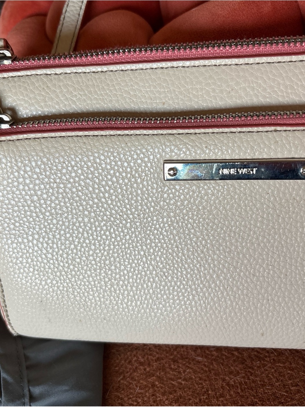 Nine West Cream leather Pebbled Crossbody with Pink Trim Accent unique lining